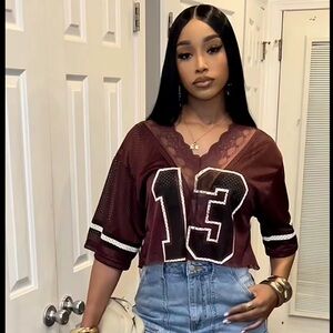 Women's Burgundy Lace Trim Jersey Top